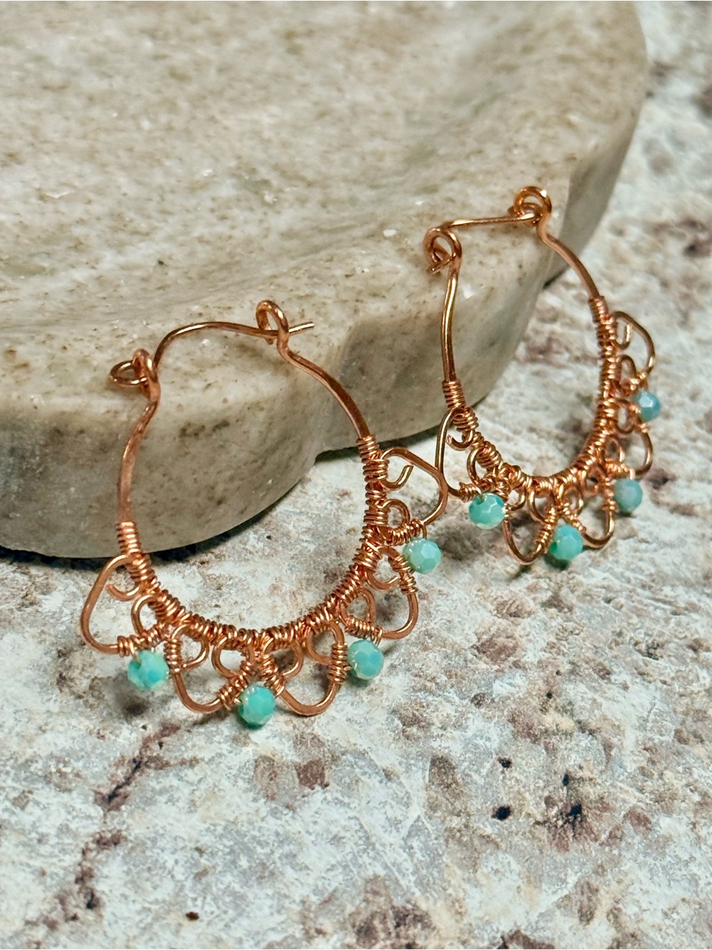 Exotic Handcrafted Filigree Hoop Earrings with Aqua Beads Accents